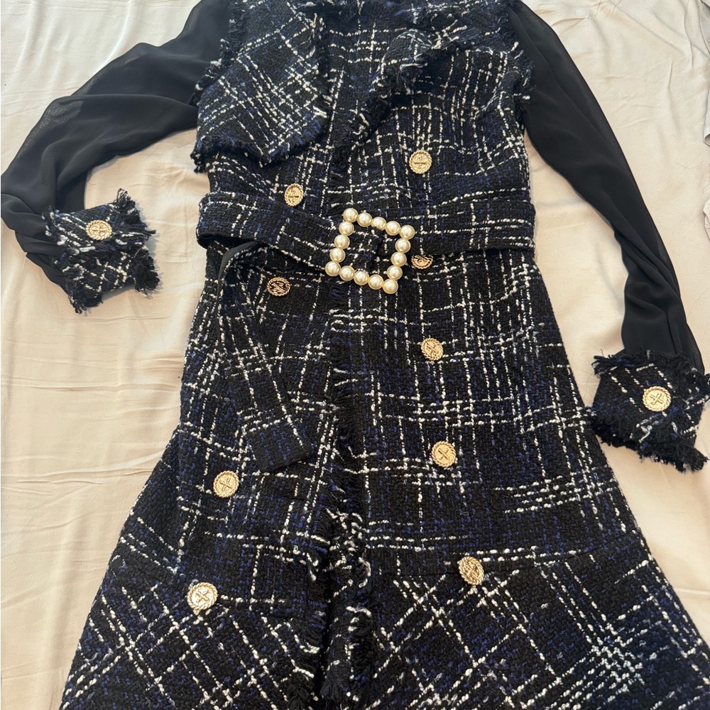 Chic Black and White Tweed Dress with Pearl Belt Edward Achour Paris